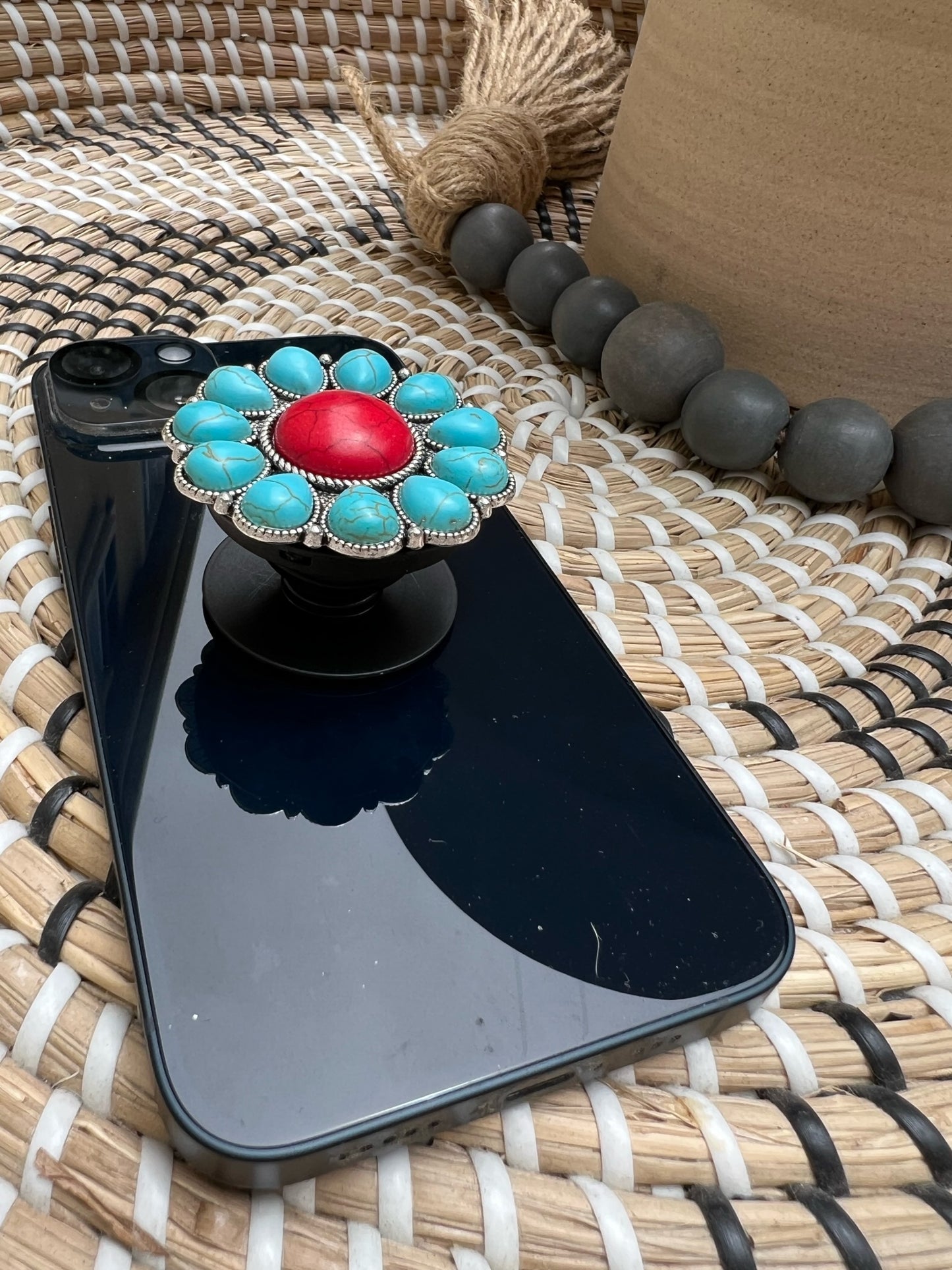 Turquoise & Red Western Flower Phone Grip