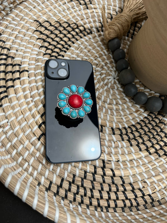 Turquoise & Red Western Flower Phone Grip