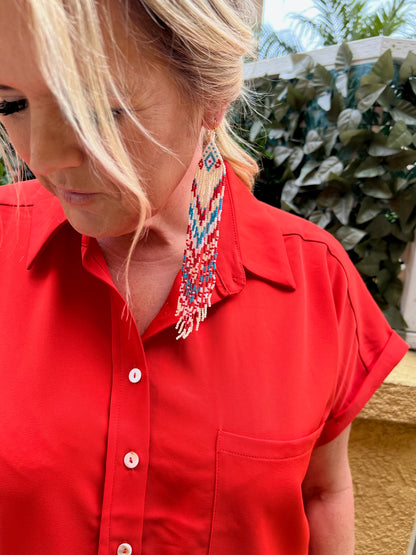 Turquoise Coral & White Beaded Earrings