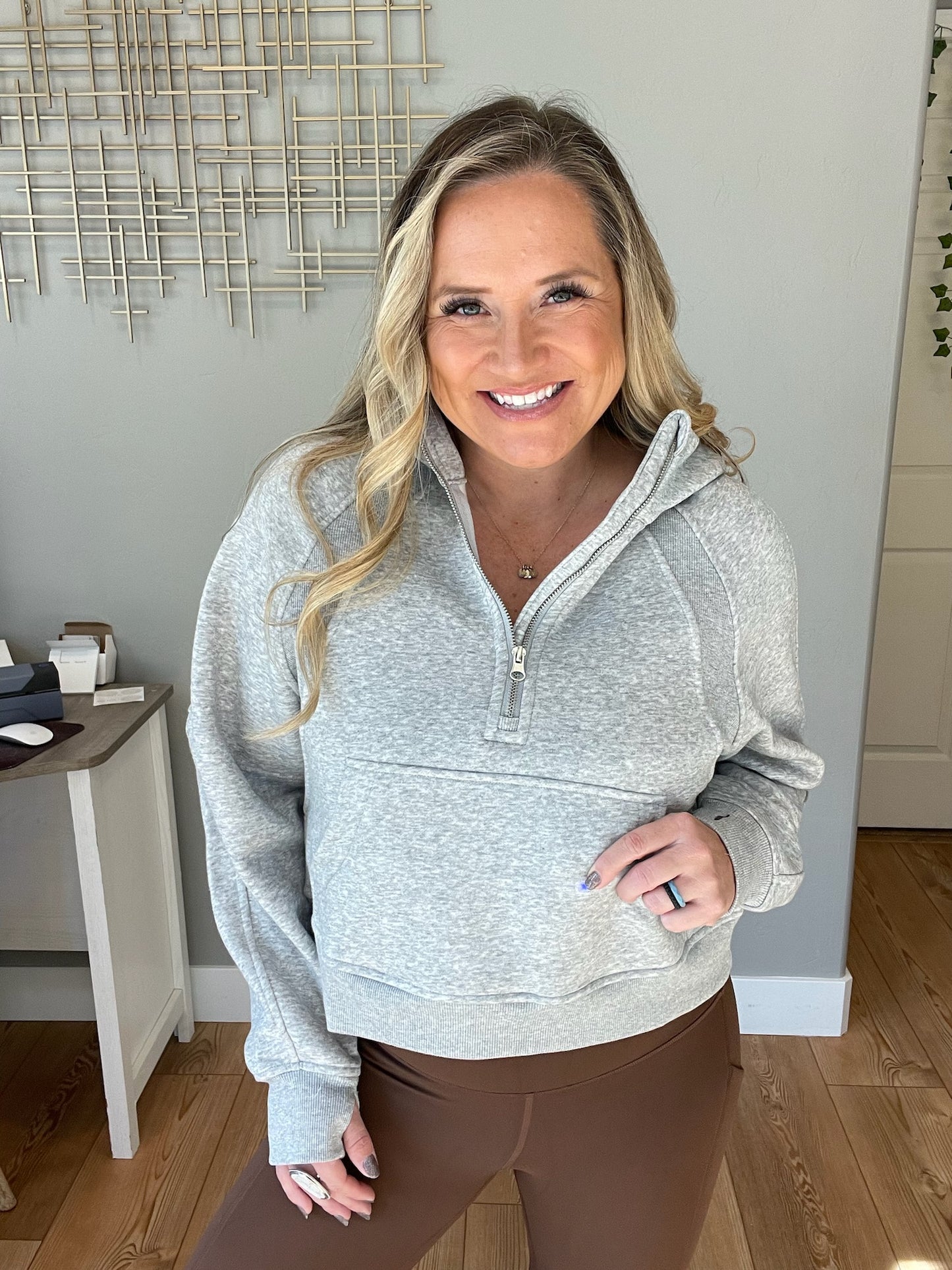 Half Zip Cropped Hoodie in Heather Grey