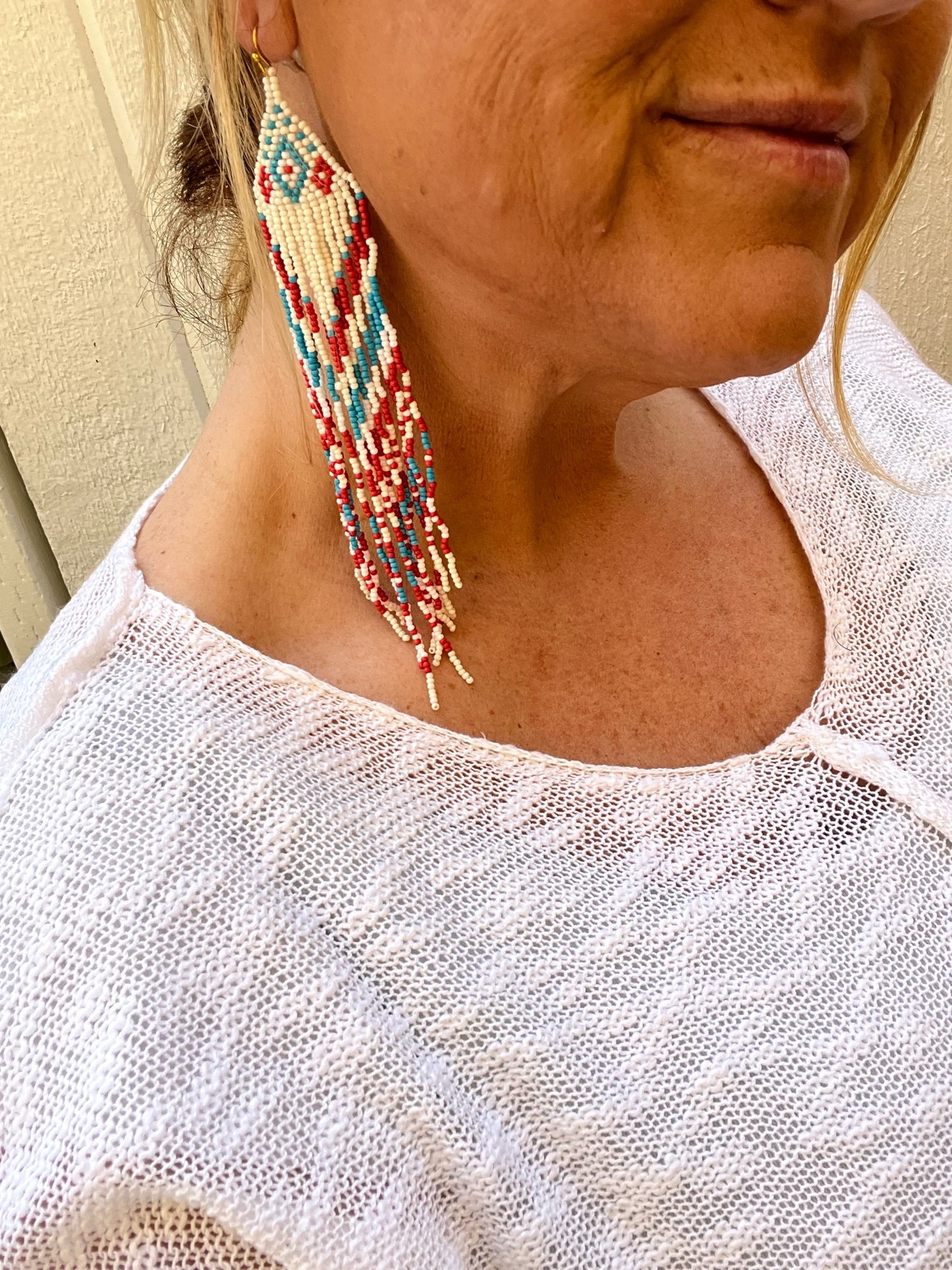 Turquoise Coral & White Beaded Earrings