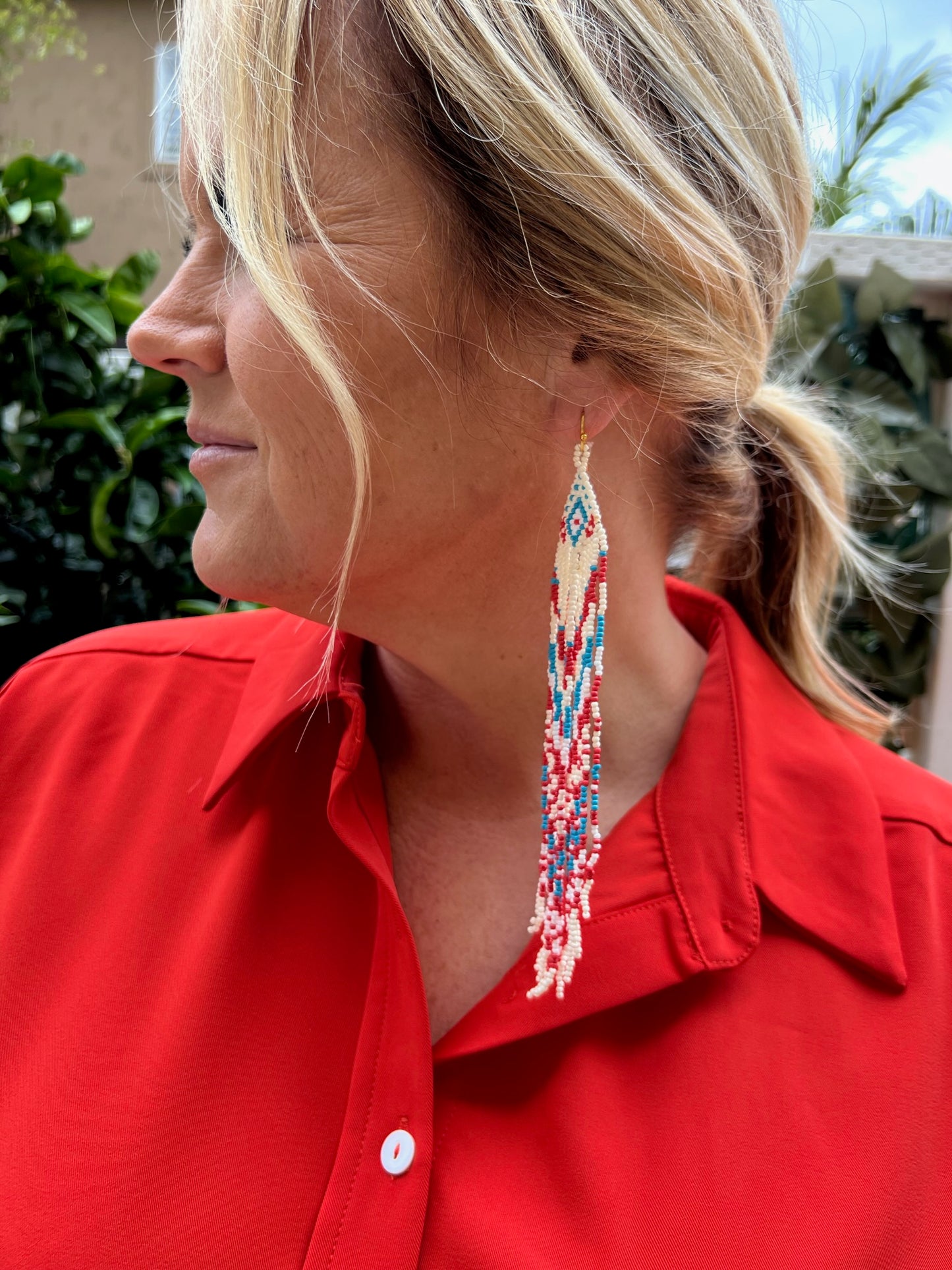 Turquoise Coral & White Beaded Earrings