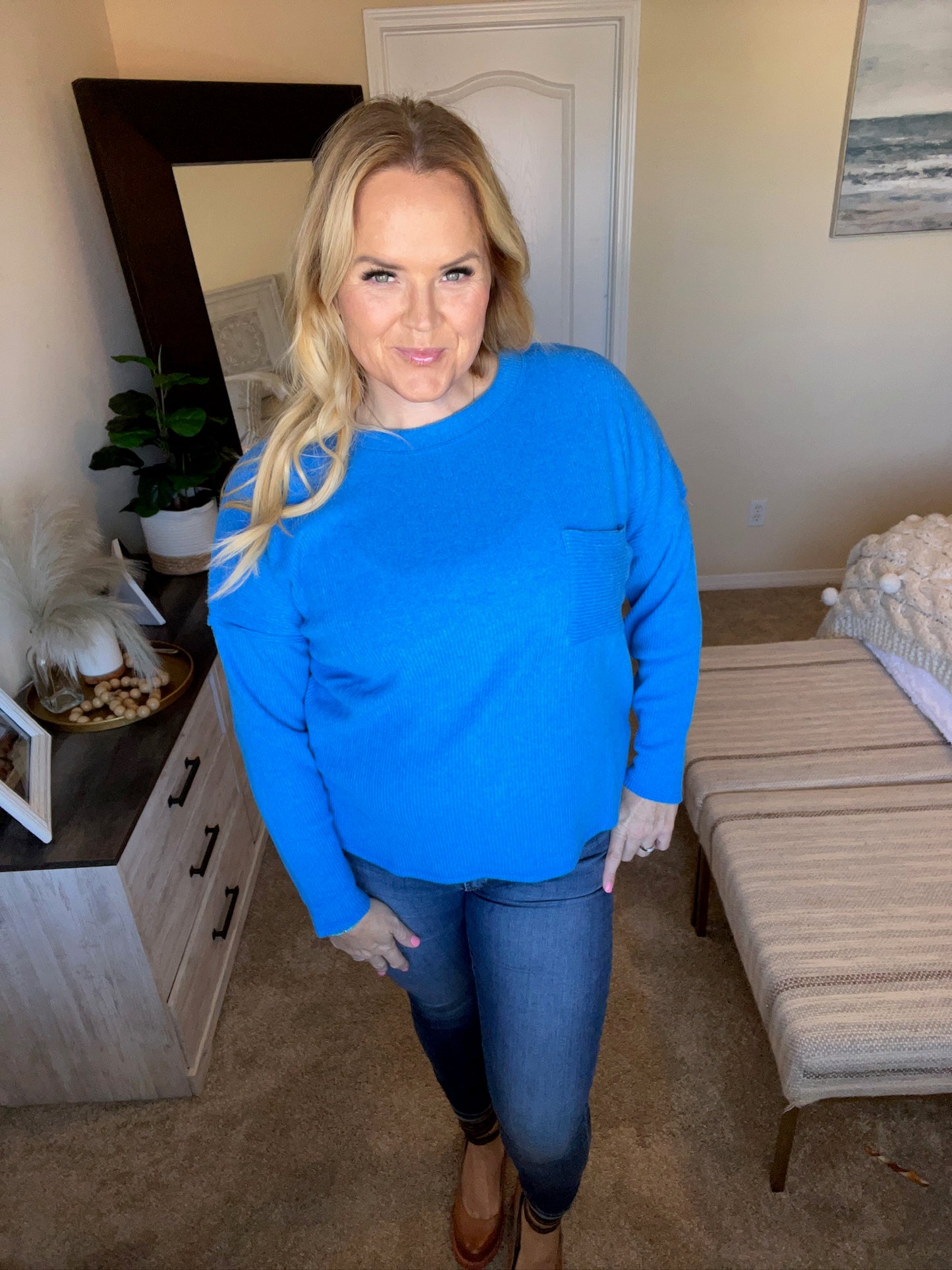 Ribbed Brushed Hacci Sweater in Ocean Blue