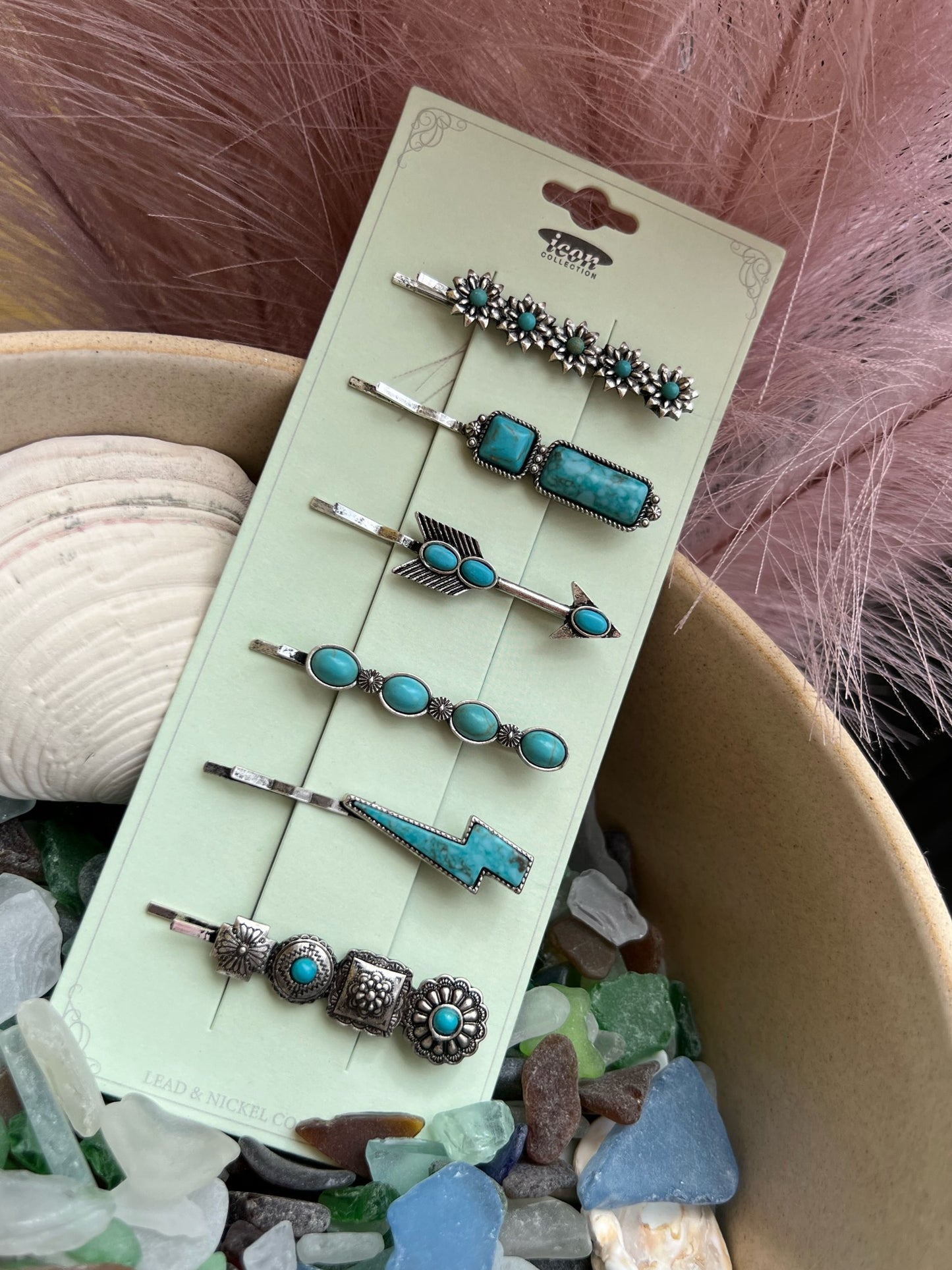 Set of 6 Turquoise Flower Stone Bar Bobby Pins