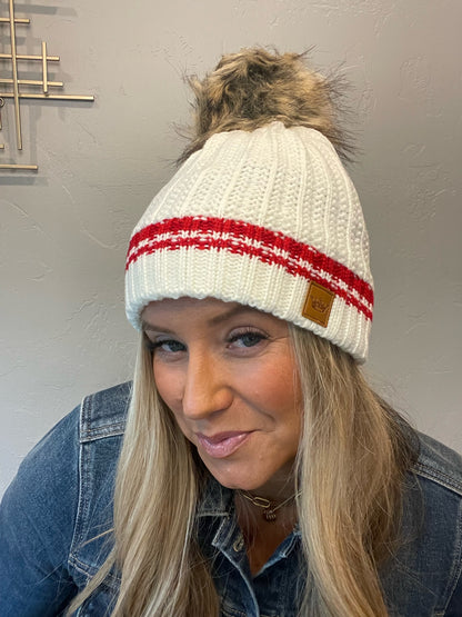 Adorable fleece lined cream knit beanie with red stripe & pom accent