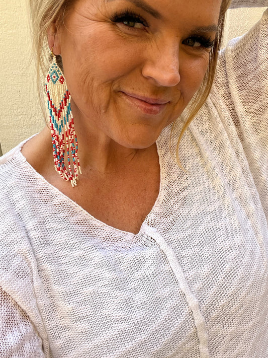 Turquoise Coral & White Beaded Earrings