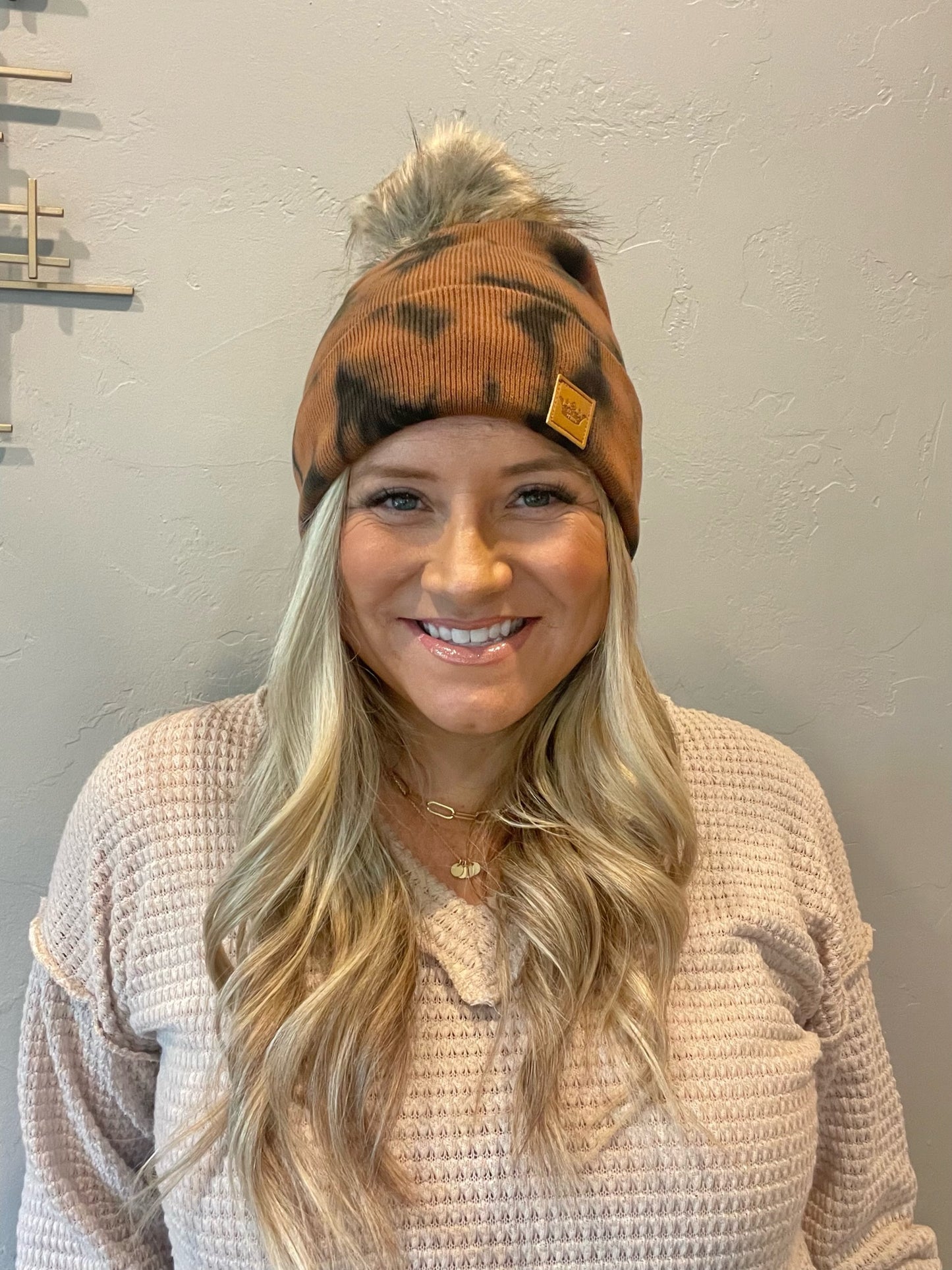 Adorable brown & black tie dye knot beanie with pom