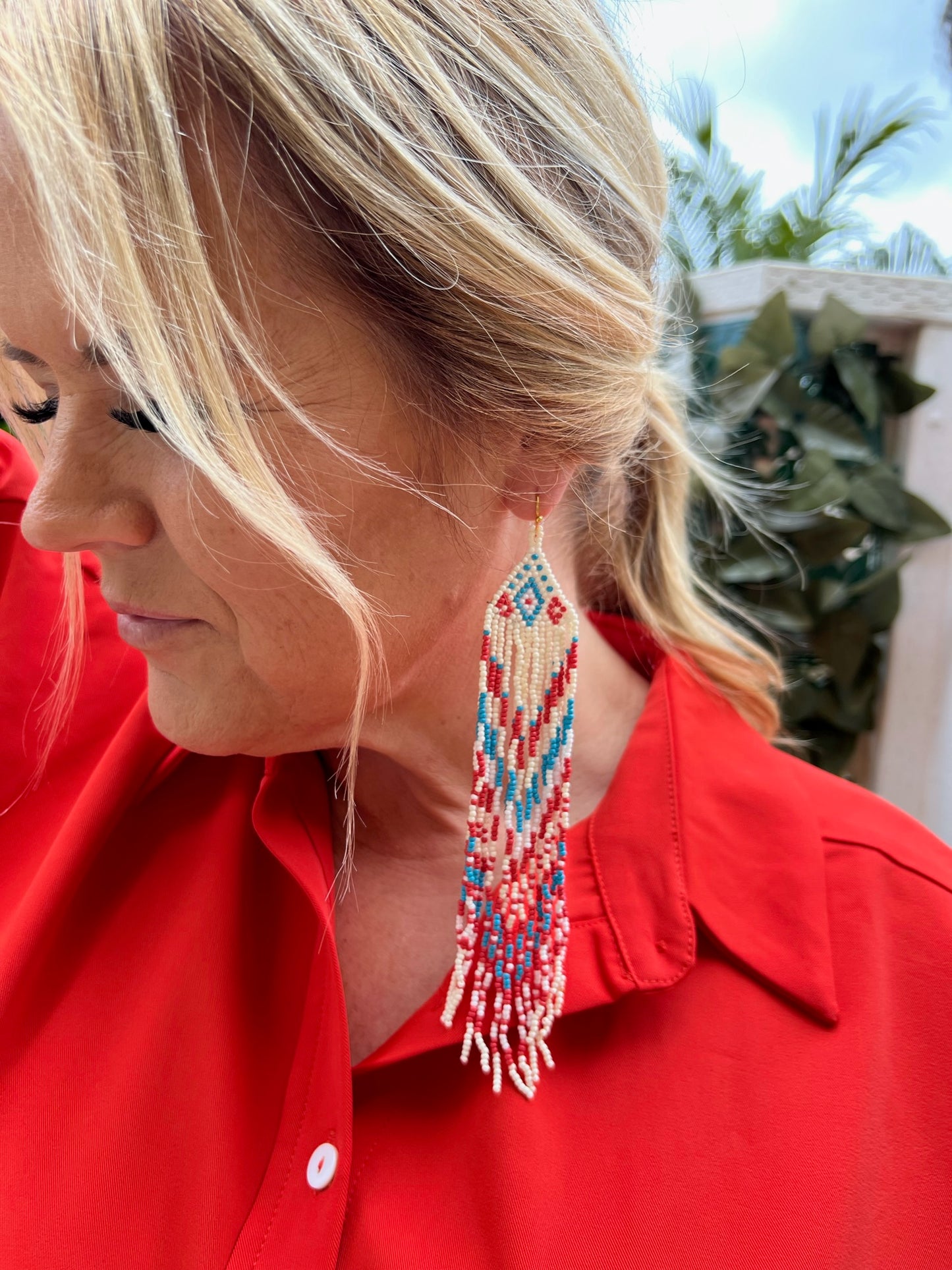 Turquoise Coral & White Beaded Earrings