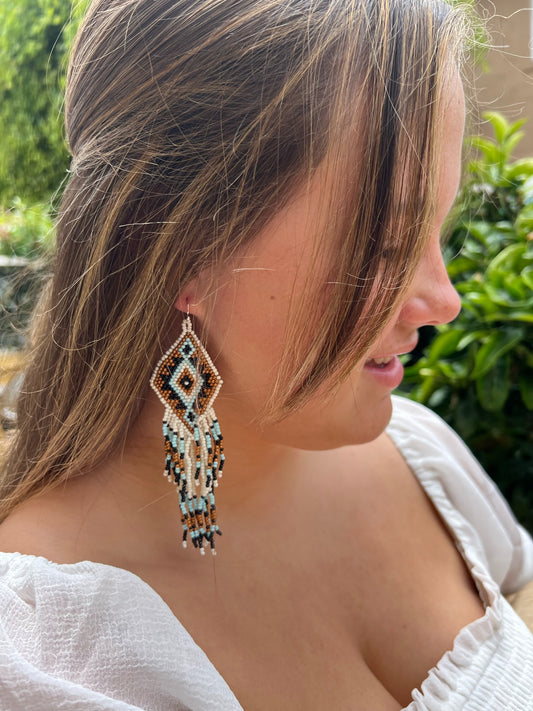 White Aztec Seed Beaded Earrings