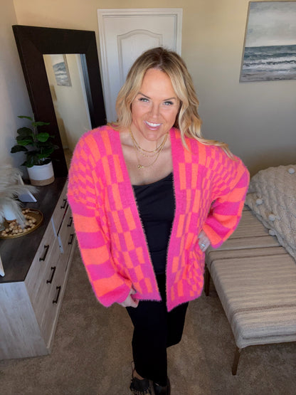 Noticed in Neon Checkered Cardigan in Pink and Orange