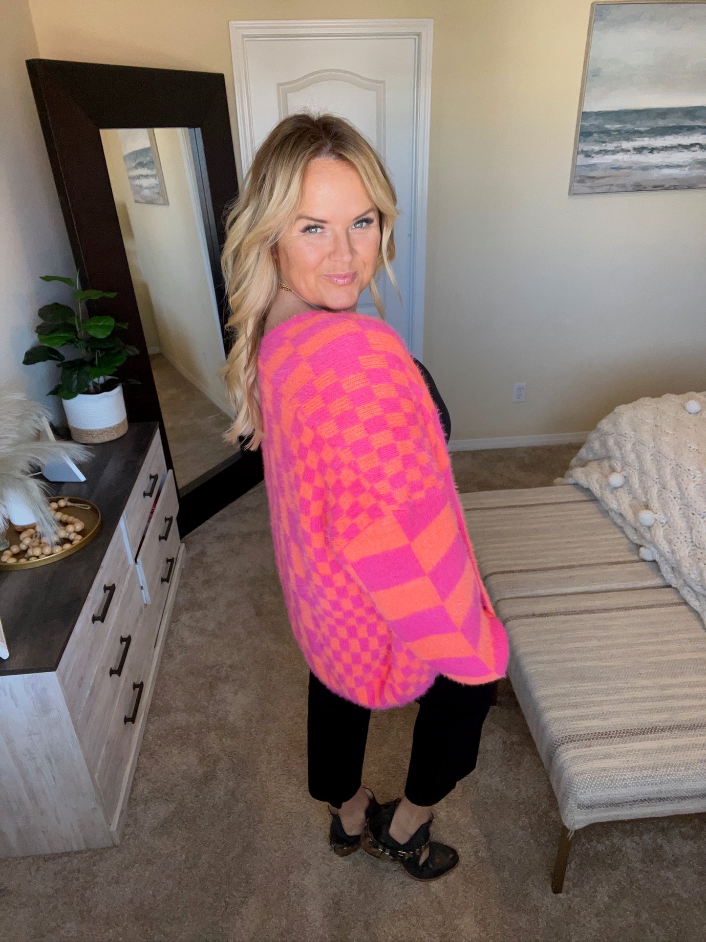 Noticed in Neon Checkered Cardigan in Pink and Orange