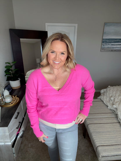 Back to Life V-Neck Sweater in Pink