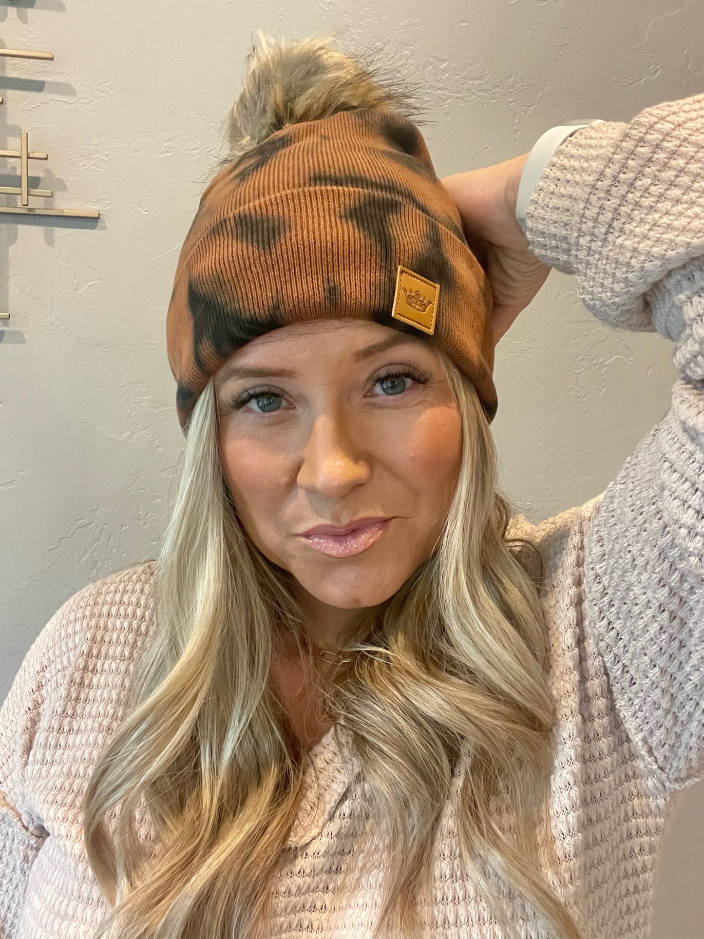 Adorable brown & black tie dye knot beanie with pom