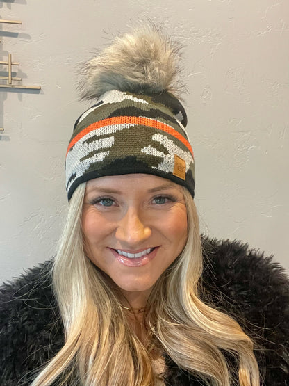 Adorable fleece lined green camouflage knit pom beanie with orange stripe