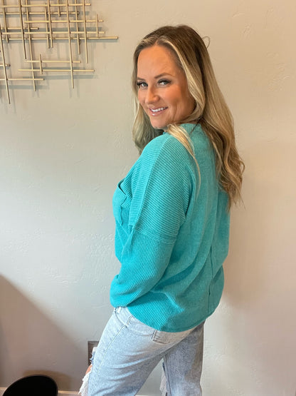 Ribbed Brushed Hacci Sweater in Light Teal