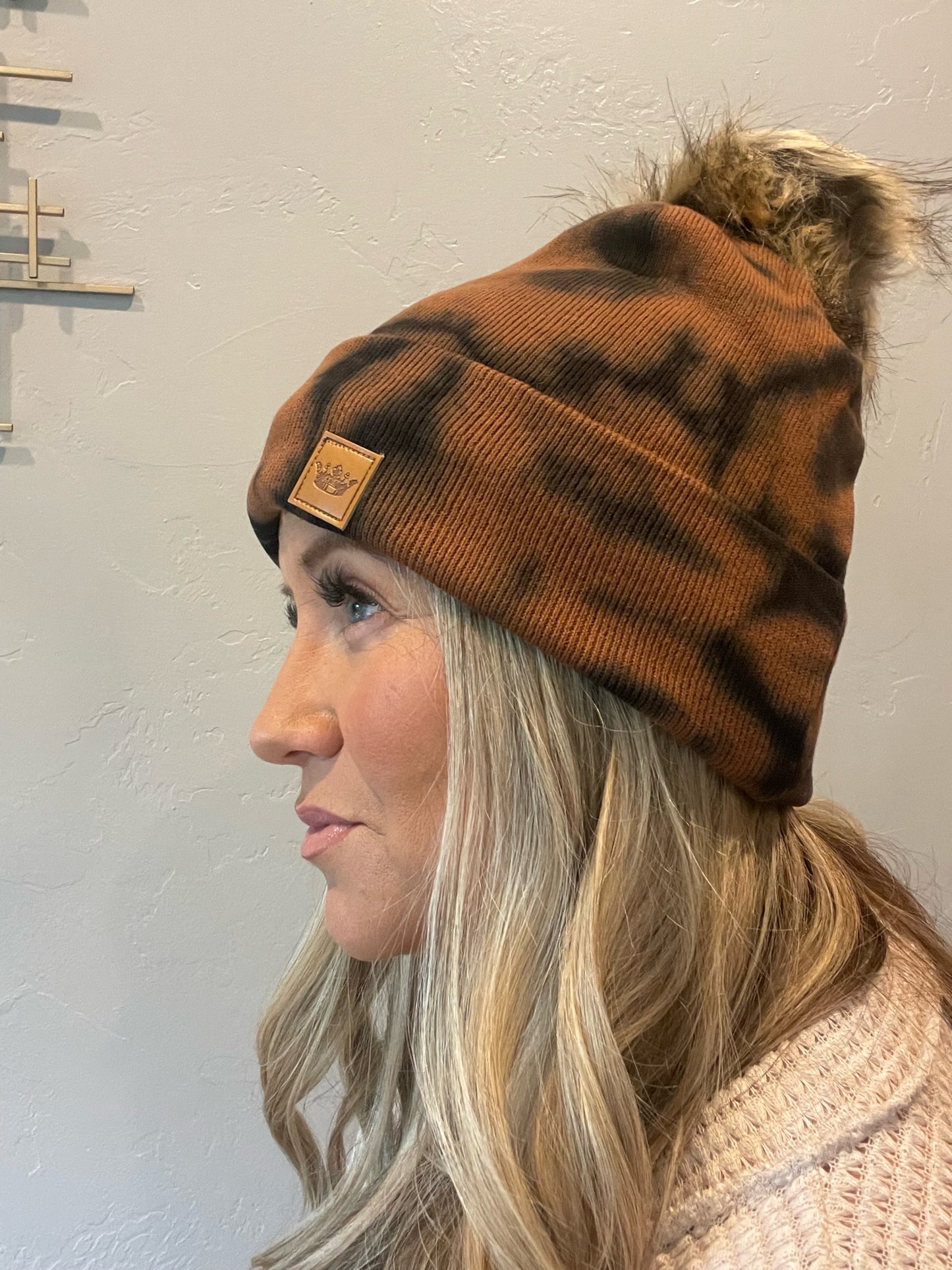 Adorable brown & black tie dye knot beanie with pom