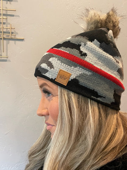 Adorable fleece lined gray camouflage knit pom beanie with red stripe