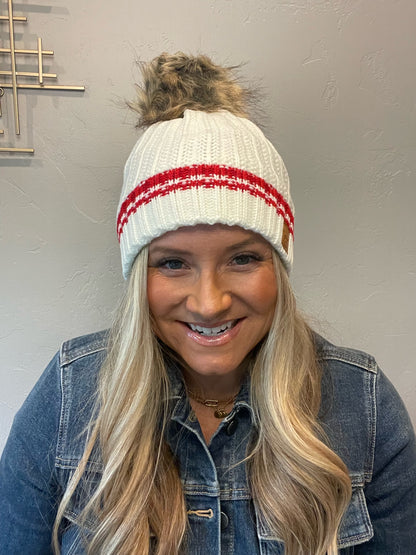 Adorable fleece lined cream knit beanie with red stripe & pom accent