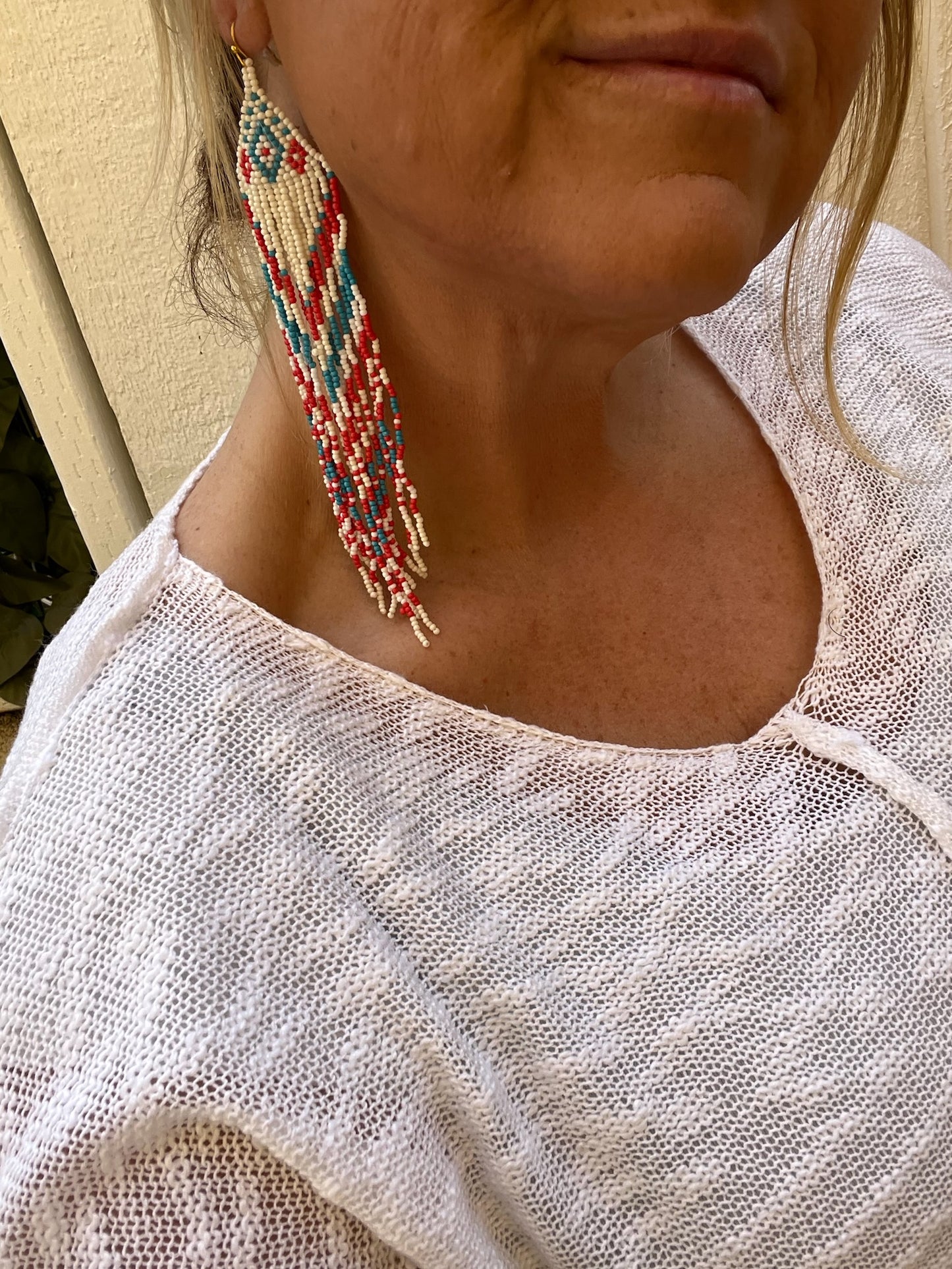 Turquoise Coral & White Beaded Earrings