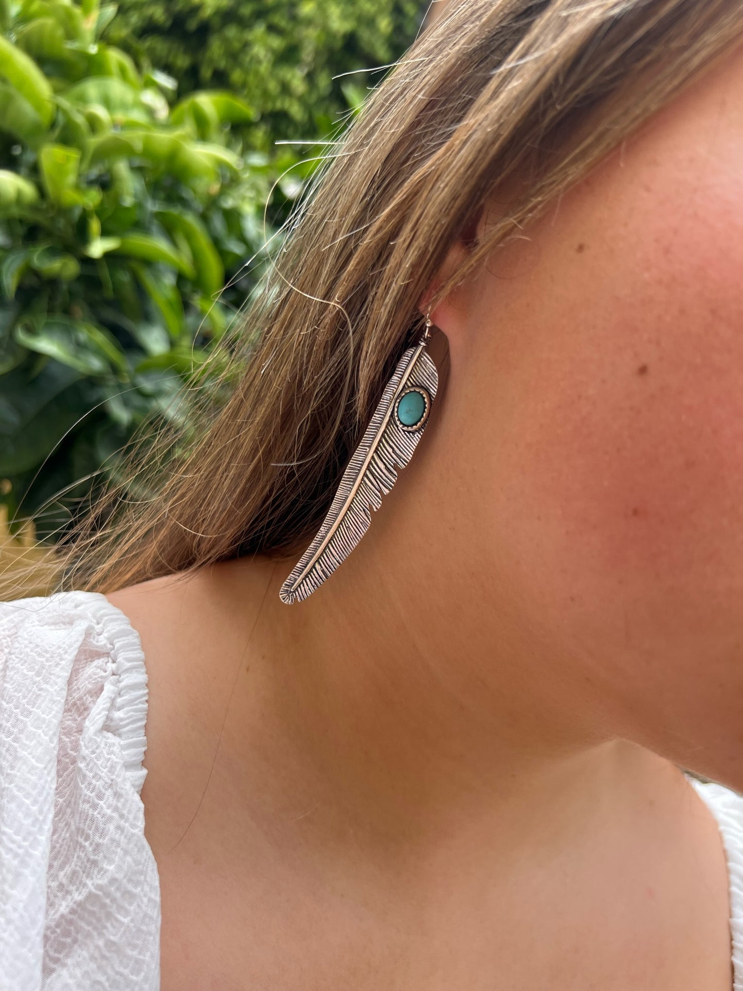 Dangling Feather Earrings with Turquoise Stone Accent