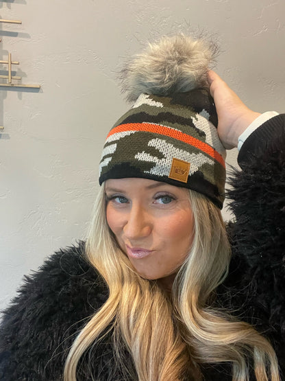 Adorable fleece lined green camouflage knit pom beanie with orange stripe