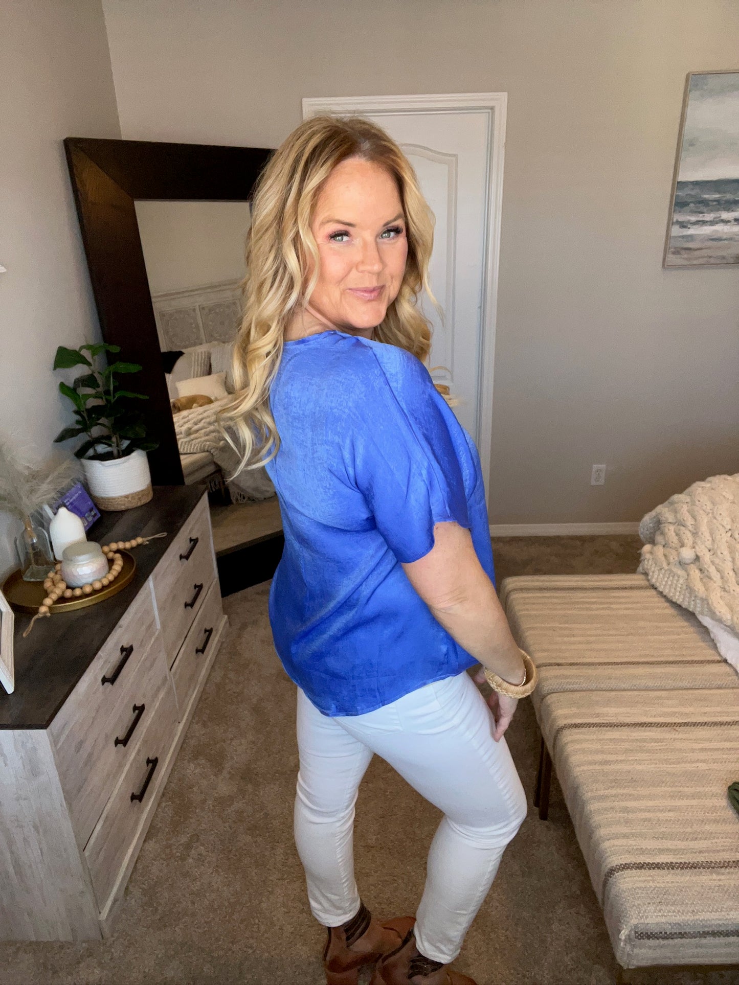 Pleat Front V-Neck Top in Royal Blue