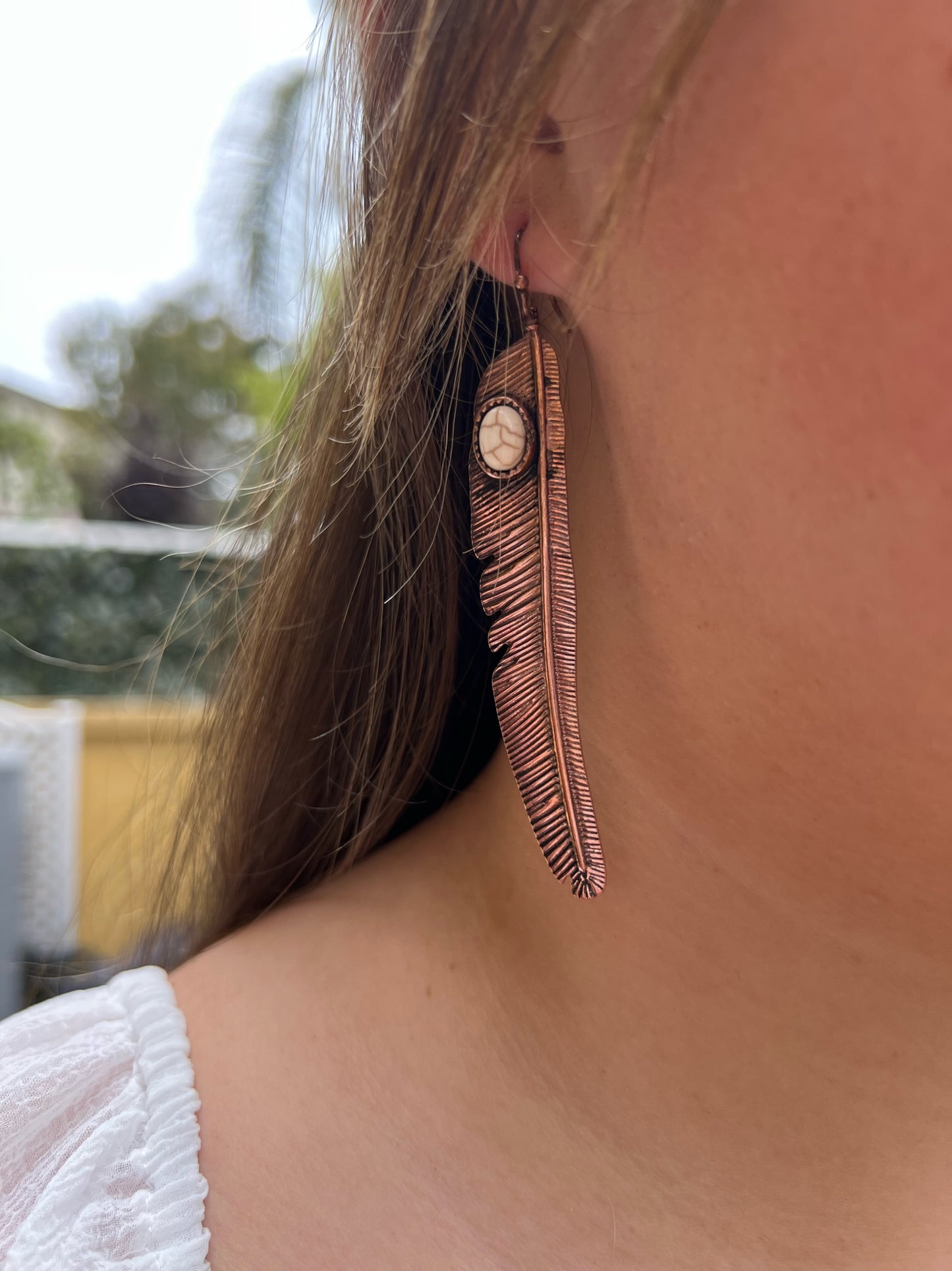 Dangling Feather Earrings with Ivory Stone Accent