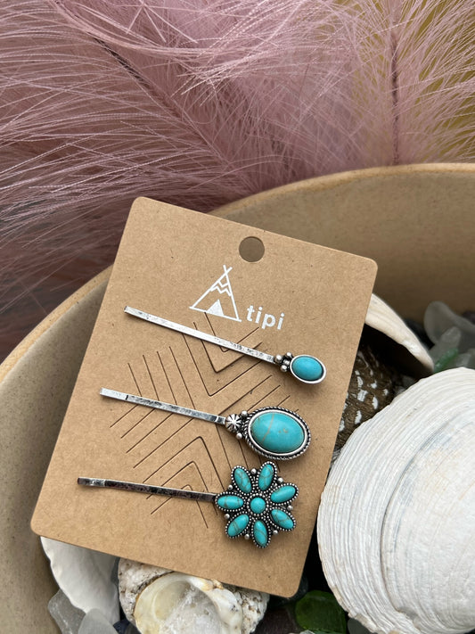 Turquoise Concho Flower Hair Pin Set