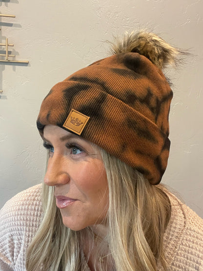 Adorable brown & black tie dye knot beanie with pom