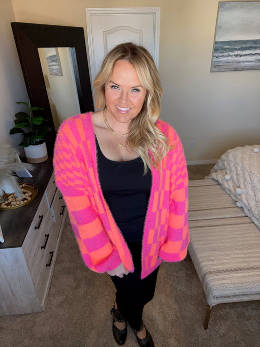 Noticed in Neon Checkered Cardigan in Pink and Orange