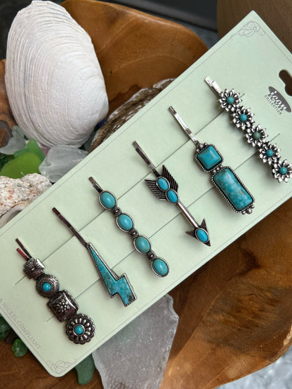 Set of 6 Turquoise Flower Stone Bar Bobby Pins