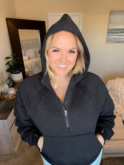 Half Zip Cropped Hoodie in Black