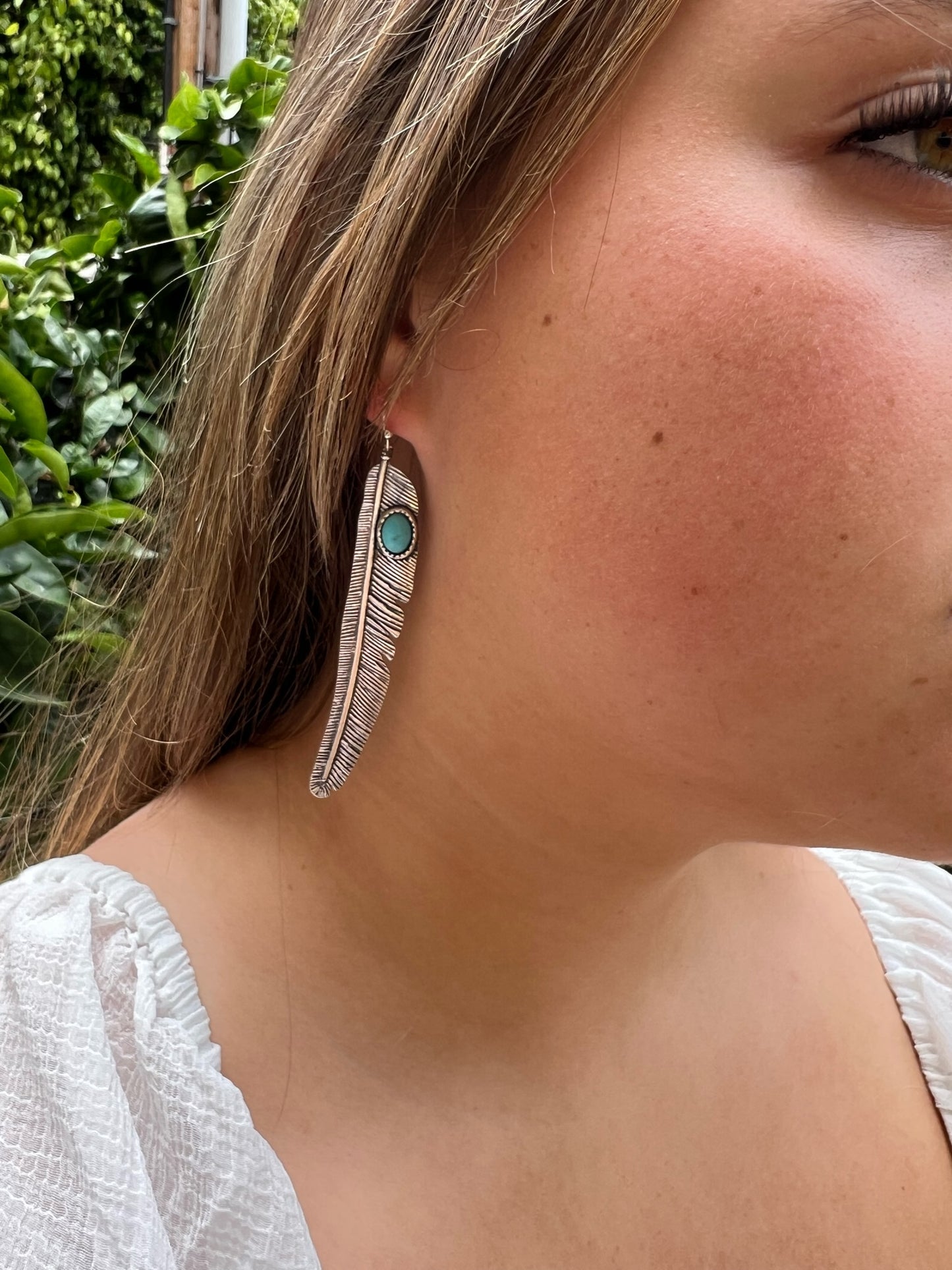 Dangling Feather Earrings with Turquoise Stone Accent