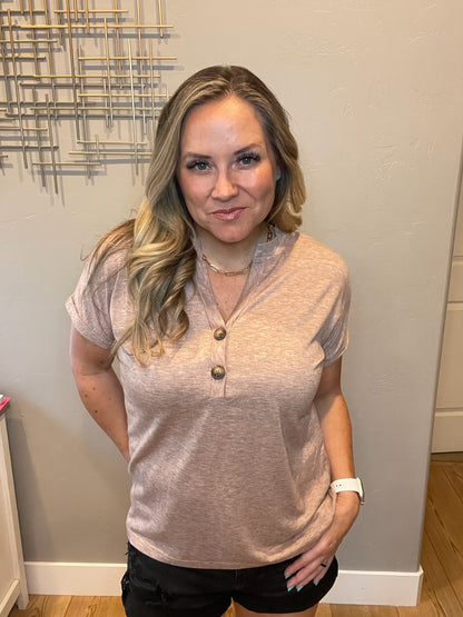 Almost There V-Neck Henley Top In Taupe