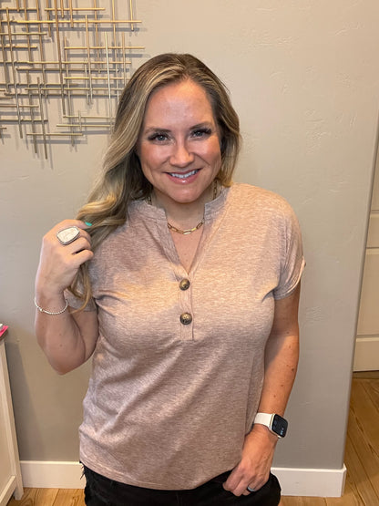 Almost There V-Neck Henley Top In Taupe