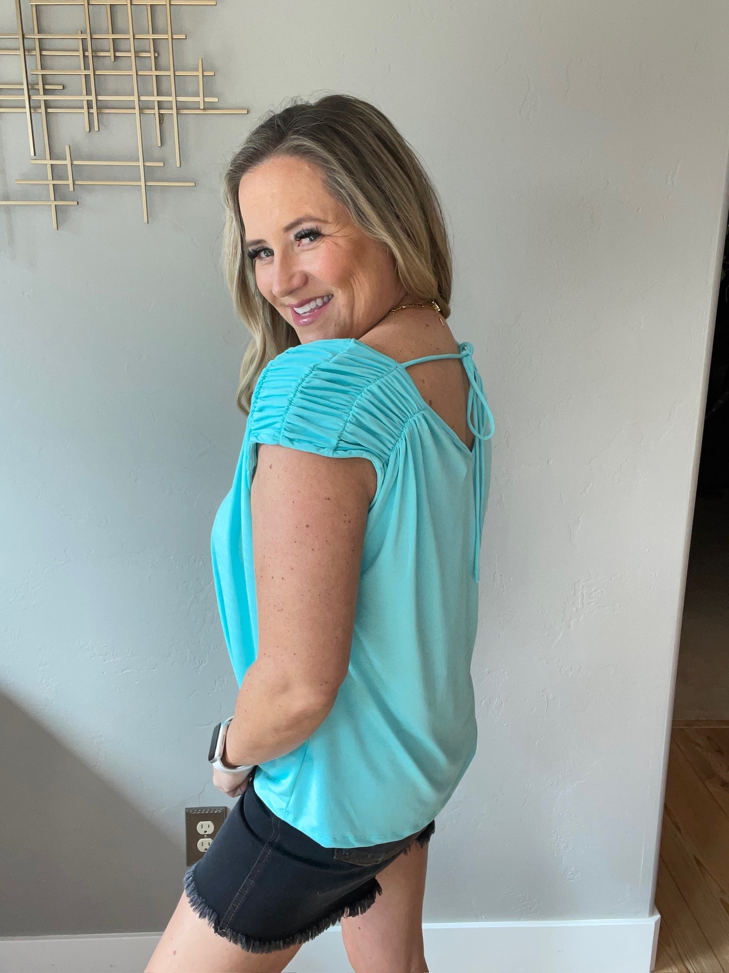 Ruched Cap Sleeve Top in Neon Blue