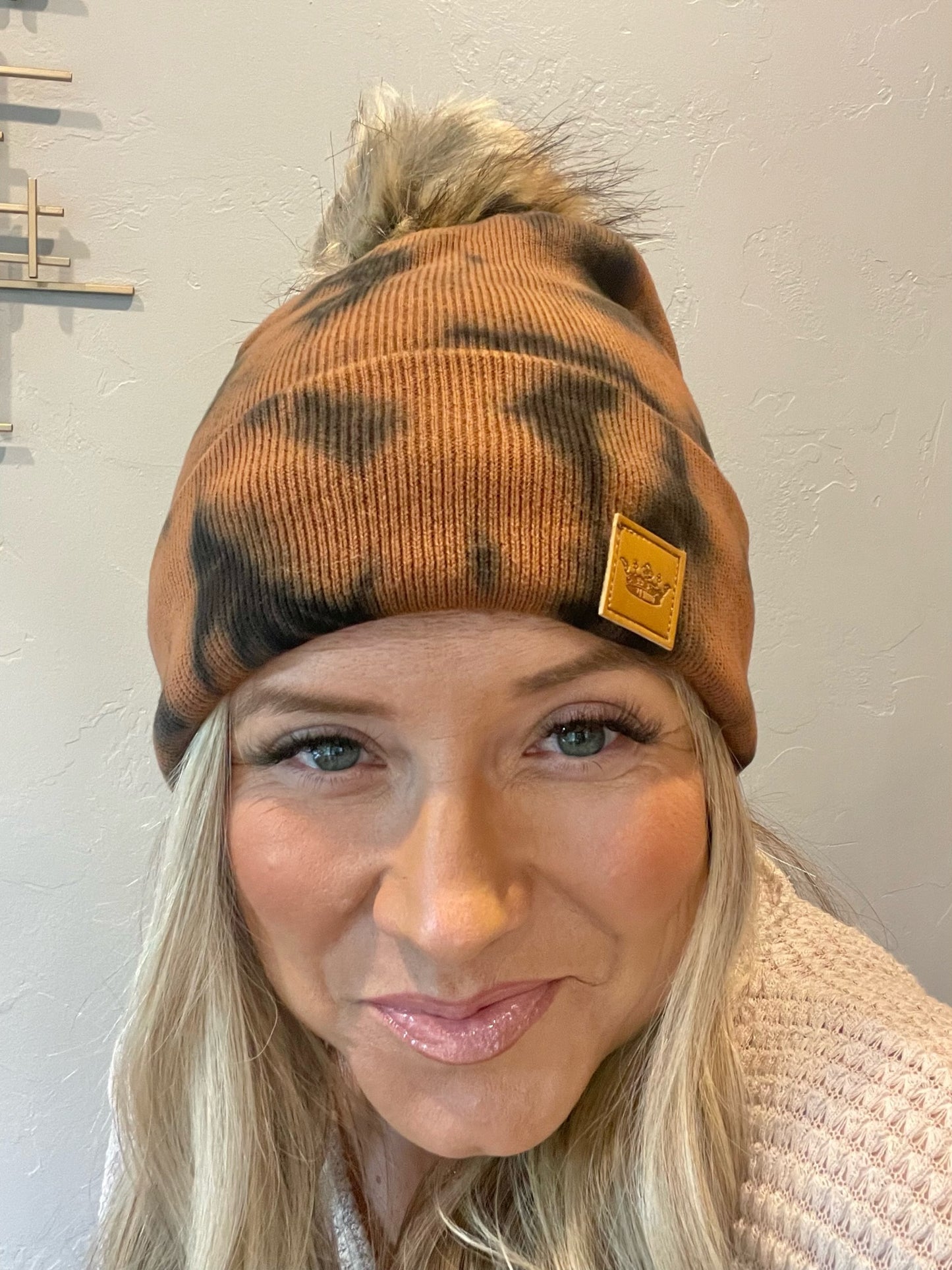 Adorable brown & black tie dye knot beanie with pom