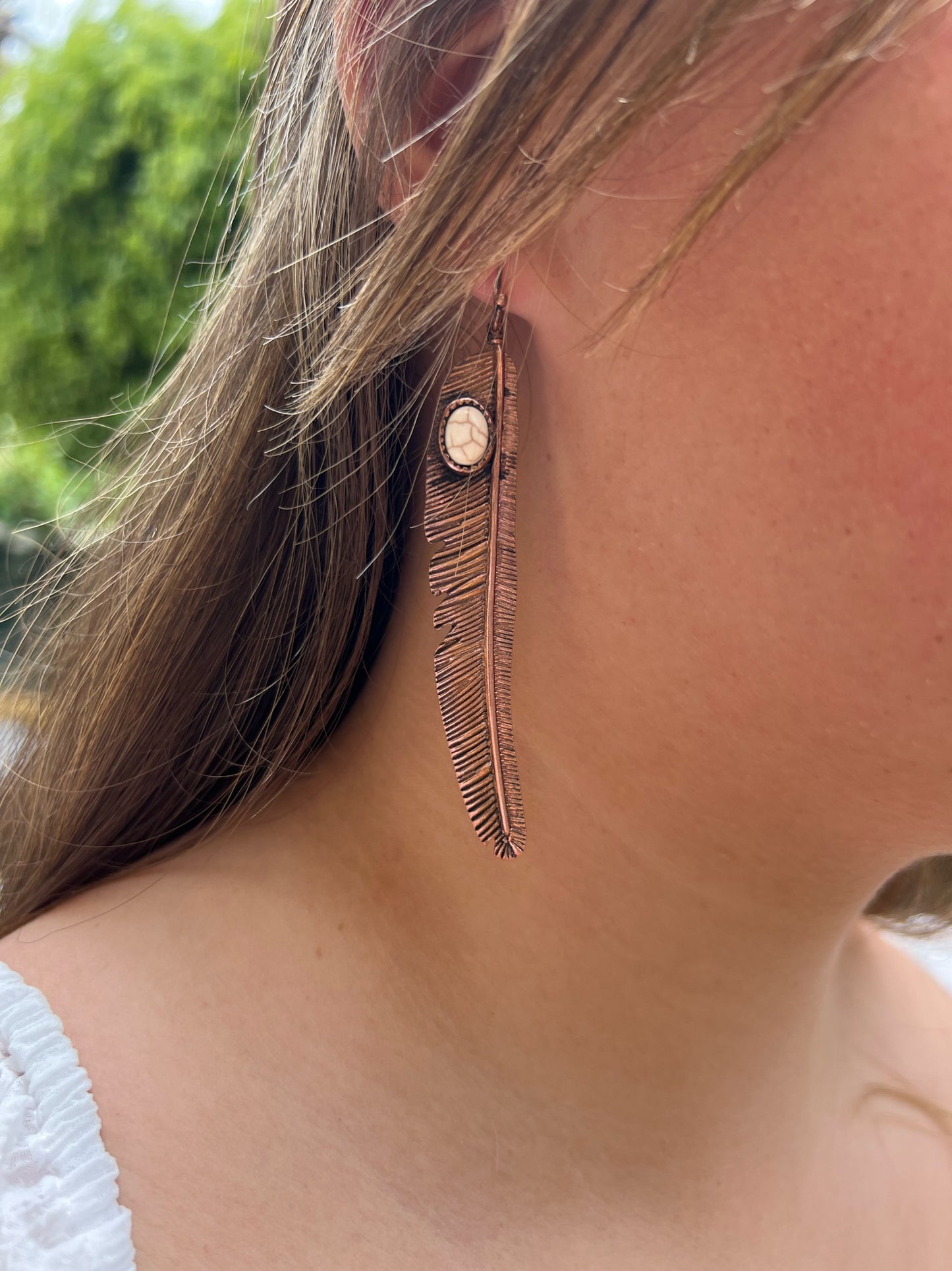 Dangling Feather Earrings with Ivory Stone Accent