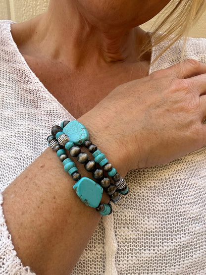 Turquoise Stone Stretchy Bracelet, Set of 3