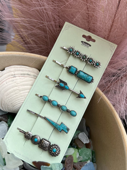 Set of 6 Turquoise Flower Stone Bar Bobby Pins