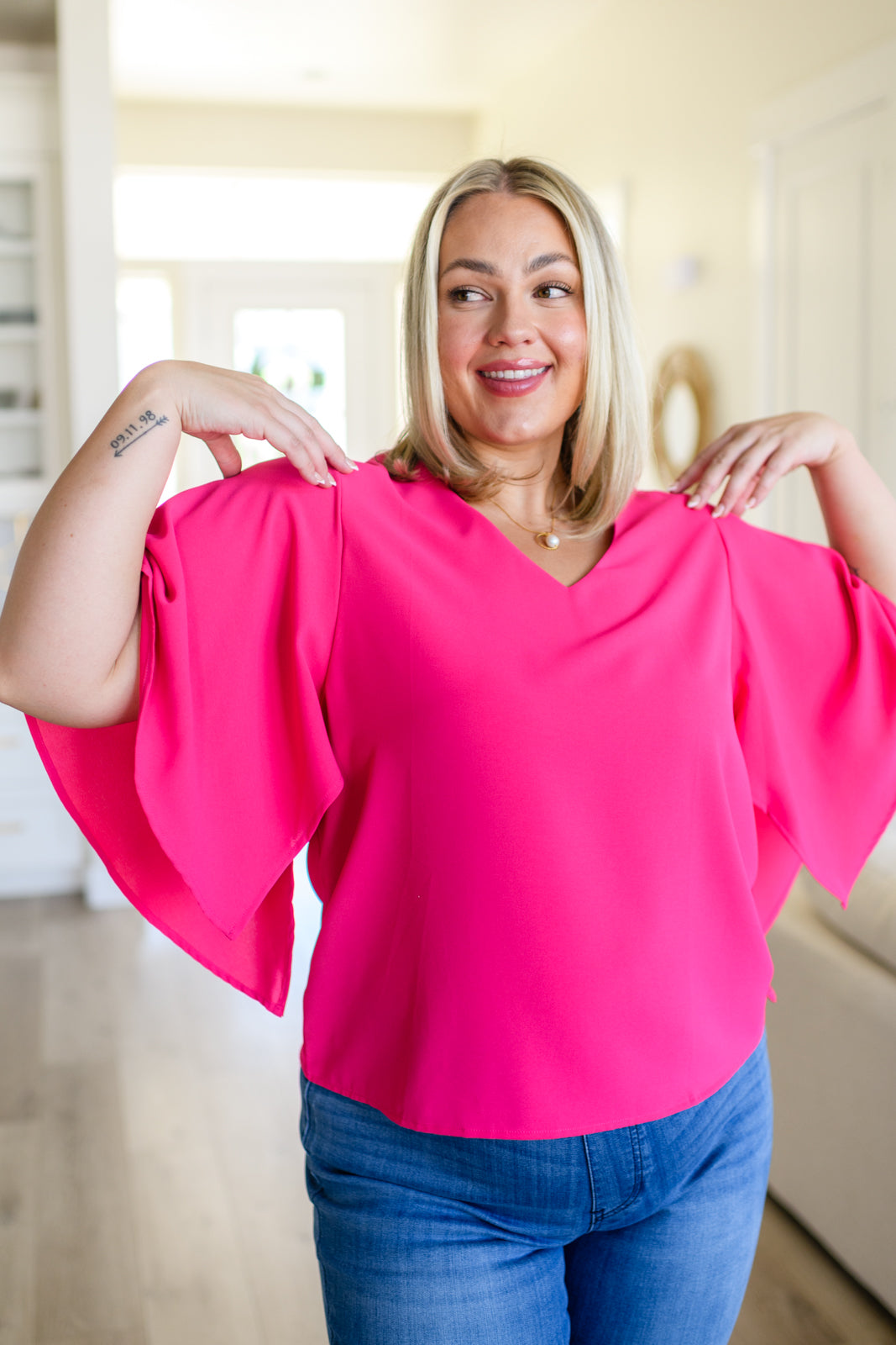 Forever Fine V-Neck Flounce Sleeve Blouse by RM