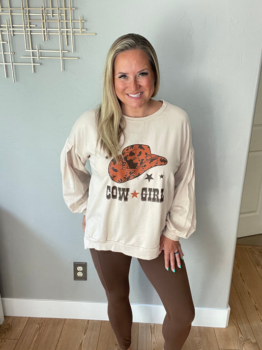 Cow Girl Graphic Pullover in Stone by RM