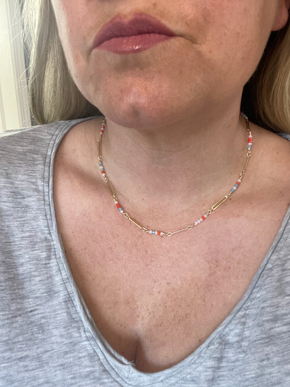 Turquoise & Coral Beaded Gold Necklace