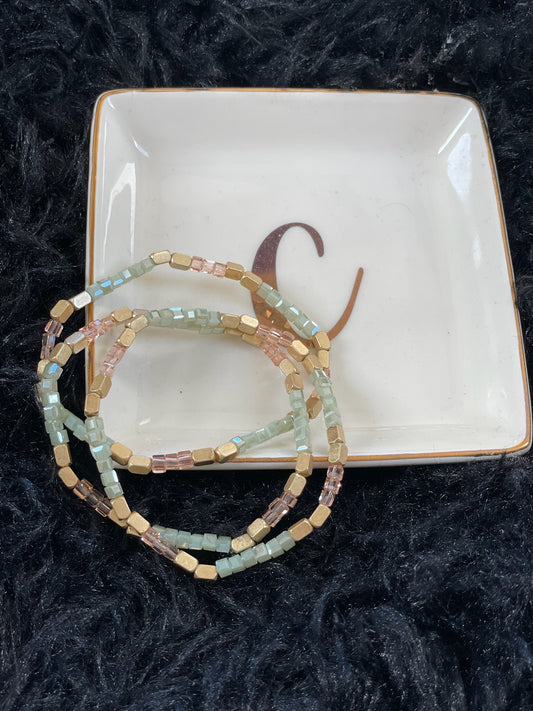 Gold 3 Row Turquoise & Pink Beaded Bracelet