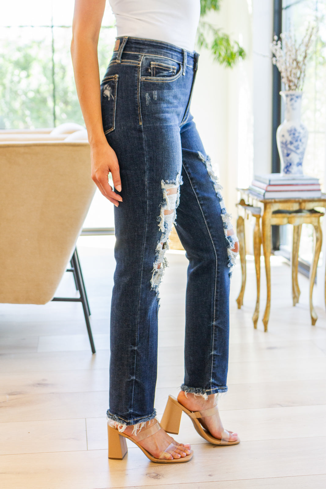 Sloane Mid Rise Heavy Destroyed Straight Jeans by RM