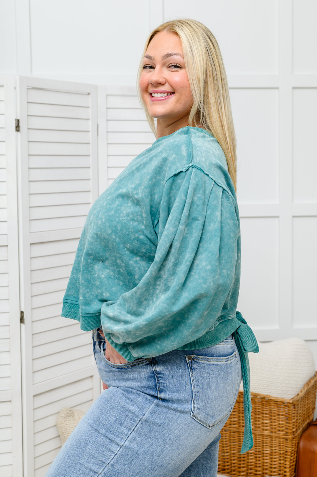 Tied Up In Cuteness Mineral Wash Sweater in Teal by RM