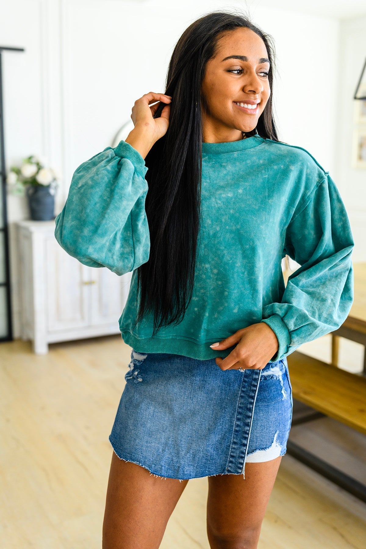 Tied Up In Cuteness Mineral Wash Sweater in Teal by RM