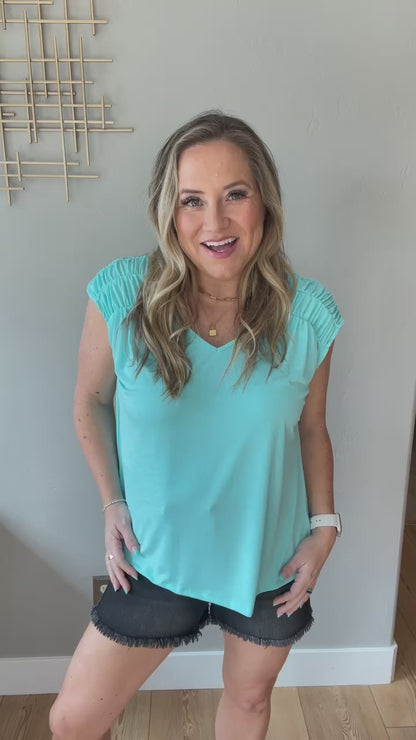 Ruched Cap Sleeve Top in Neon Blue