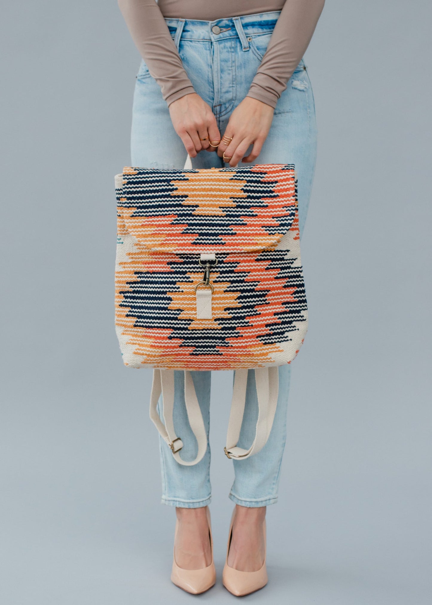 Cream, Navy & Orange Aztec backpack