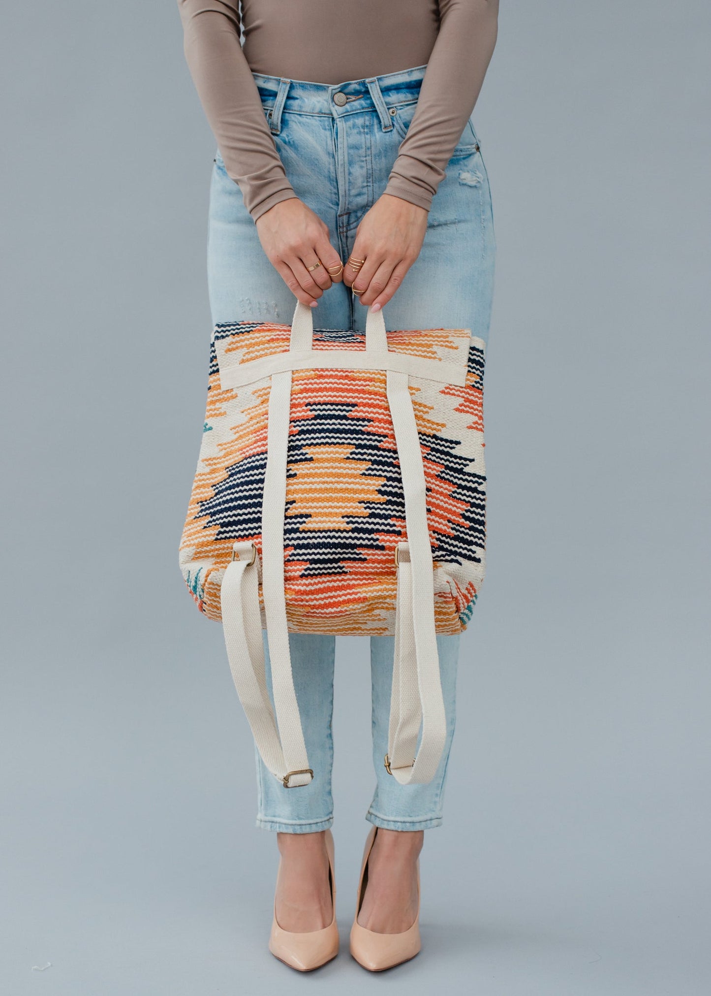 Cream, Navy & Orange Aztec backpack